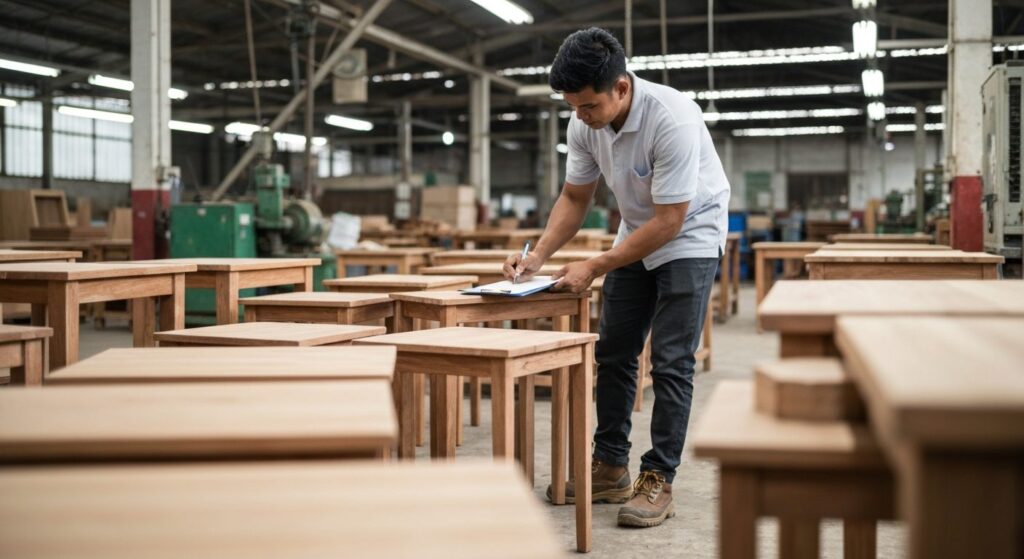 professional sourcing agent in a hard hat inspecting wooden furniture in an Indonesian factory with a clipboard