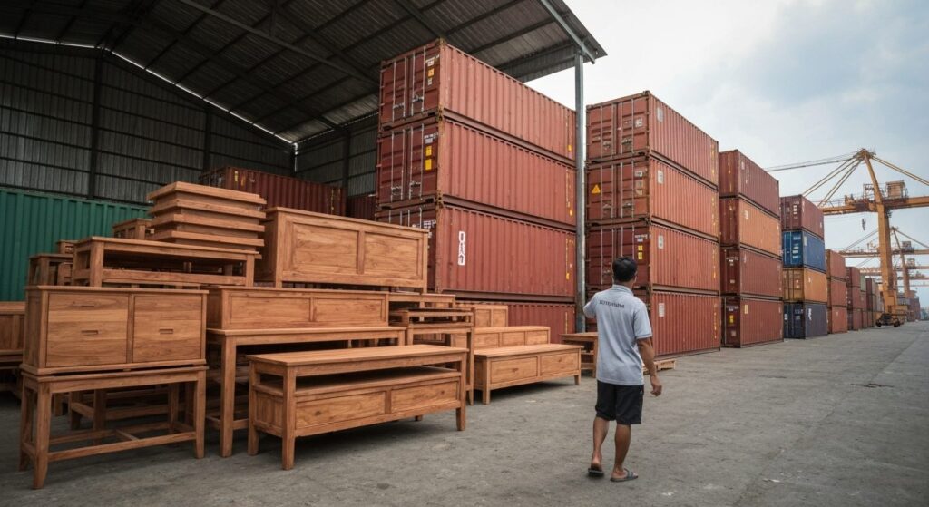 Indonesian furniture and home-decor export — teak workshop interior and stacked shipping containers at port, professiona