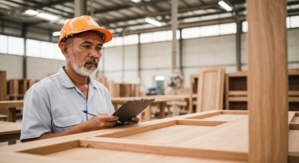 professional sourcing agent in a hard hat inspecting wooden furniture in an Indonesian factory with a clipboard