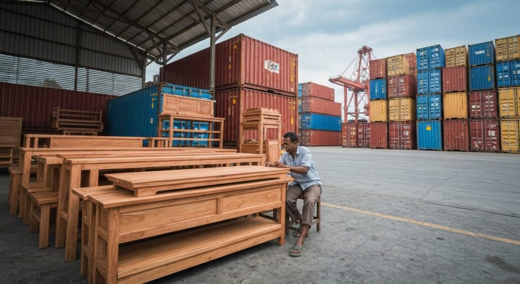 Indonesian furniture and home-decor export — teak workshop interior and stacked shipping containers at port, professiona