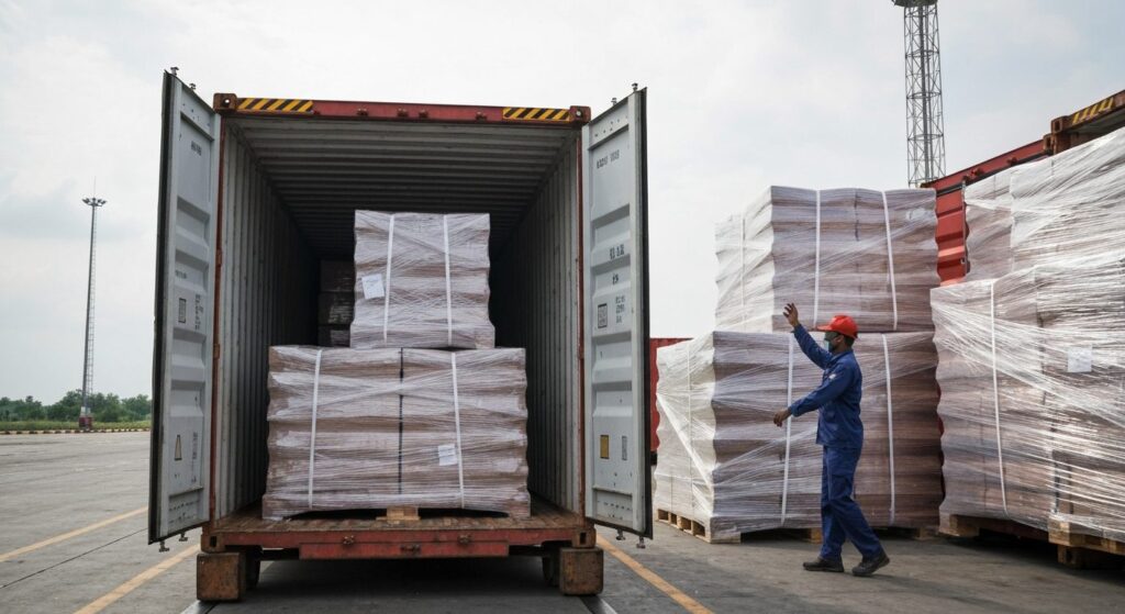 shipping containers being loaded with wrapped furniture at an Indonesian export port, a 40ft high-cube container open