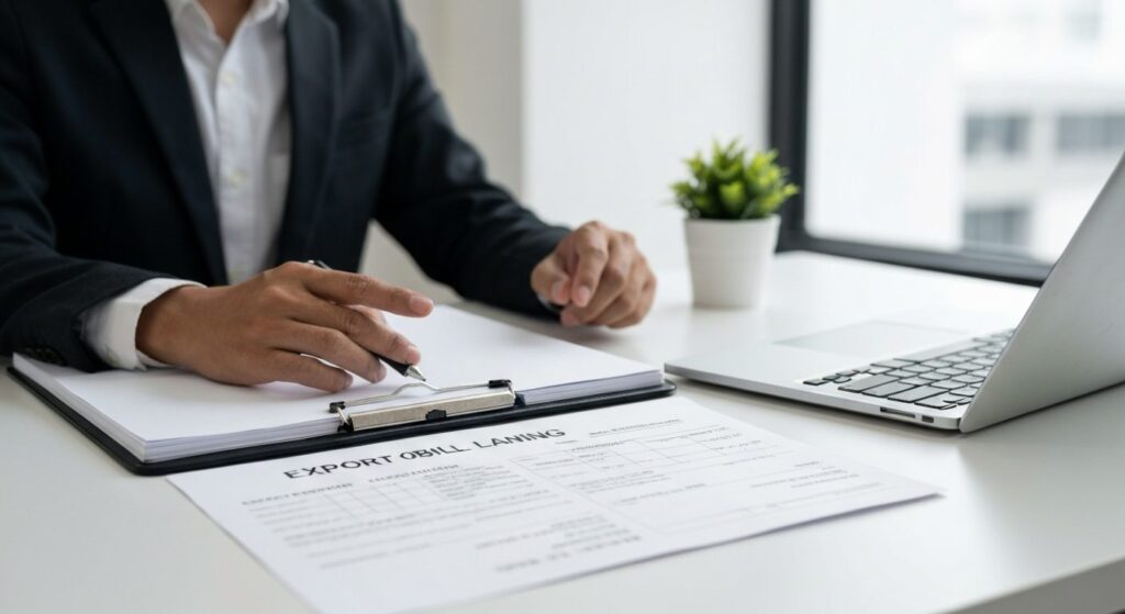 export shipping documents, bill of lading and a laptop on a clean desk in a professional B2B trade office