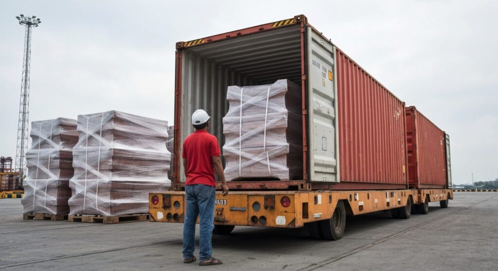 shipping containers being loaded with wrapped furniture at an Indonesian export port, a 40ft high-cube container open