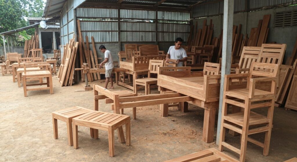 Indonesian teak furniture workshop in Jepara — craftsmen finishing solid teak outdoor dining furniture, wood shavings, w