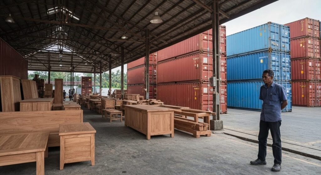 Indonesian furniture and home-decor export — teak workshop interior and stacked shipping containers at port, professiona