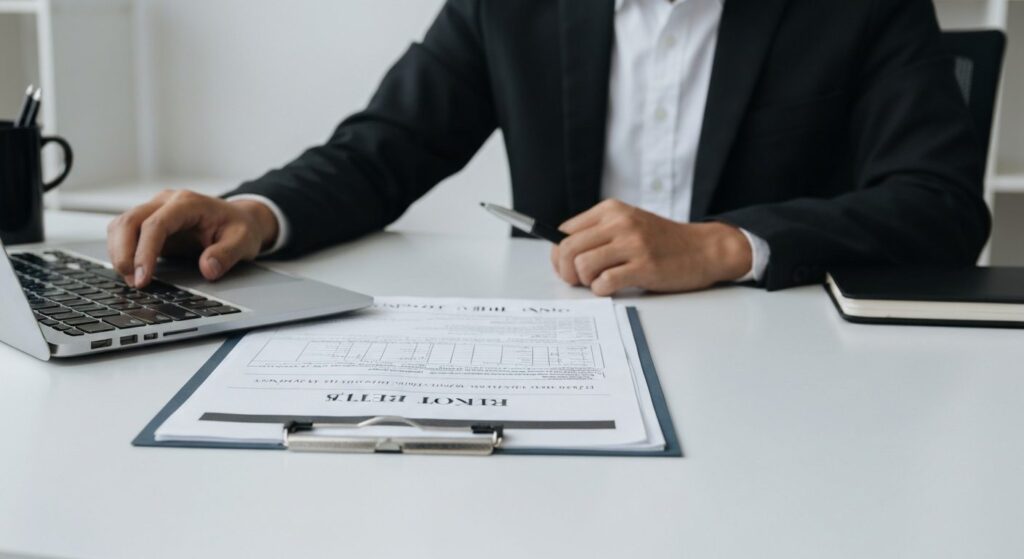 export shipping documents, bill of lading and a laptop on a clean desk in a professional B2B trade office