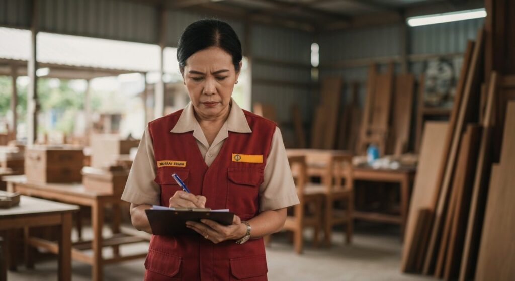 professional sourcing agent in a hard hat inspecting wooden furniture in an Indonesian factory with a clipboard