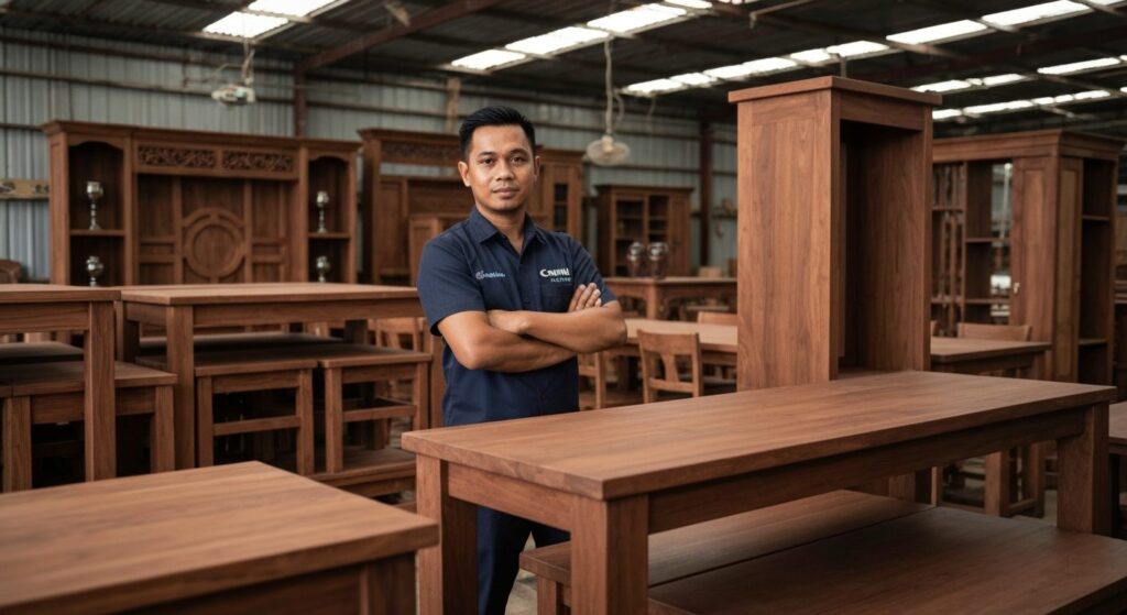 professional sourcing agent in a hard hat inspecting wooden furniture in an Indonesian factory with a clipboard
